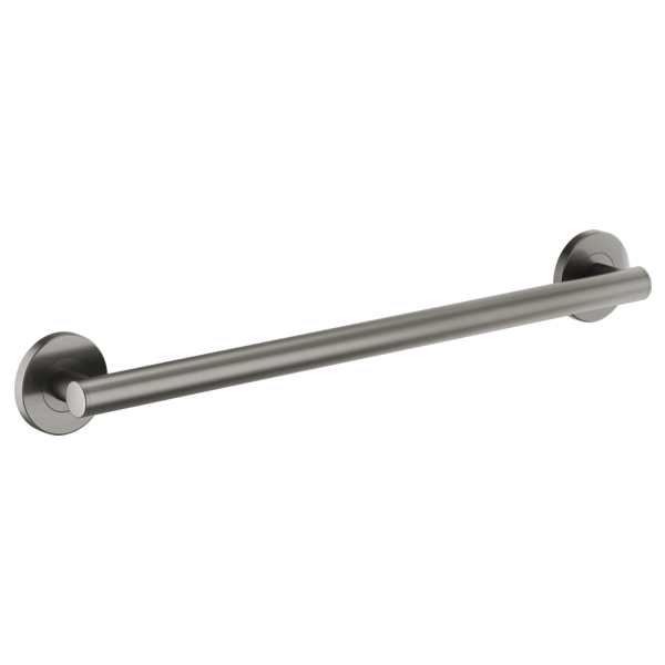 Brushed stainless steel grab bar with round cylindrical design and circular wall-mounted flanges at both ends.