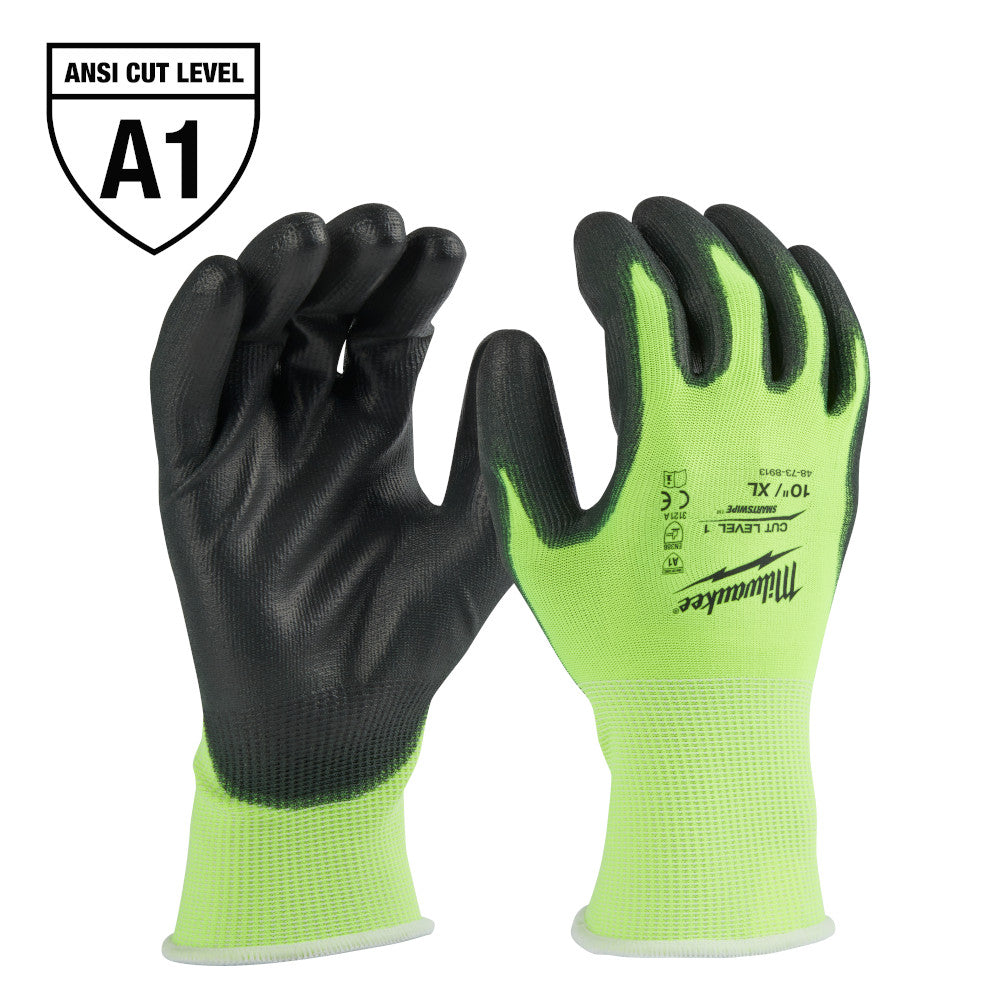 Pair of high-visibility yellow-green gloves with black polyurethane-dipped palms and fingers, ANSI Cut Level A1 rated.