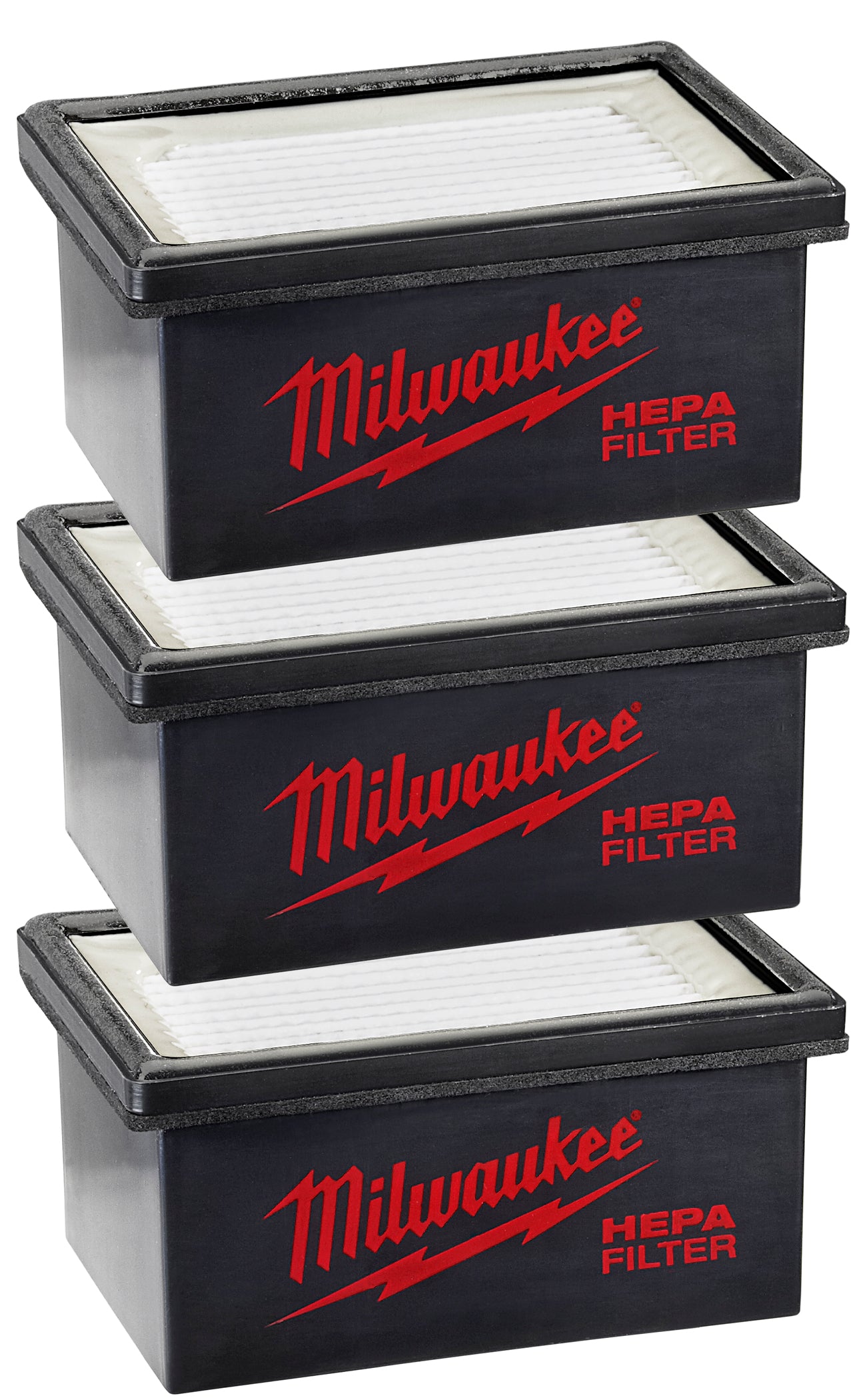 Three black Milwaukee HEPA filters with white pleated filter media stacked vertically.
