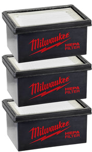 Three black Milwaukee HEPA filters with white pleated filter media stacked vertically.