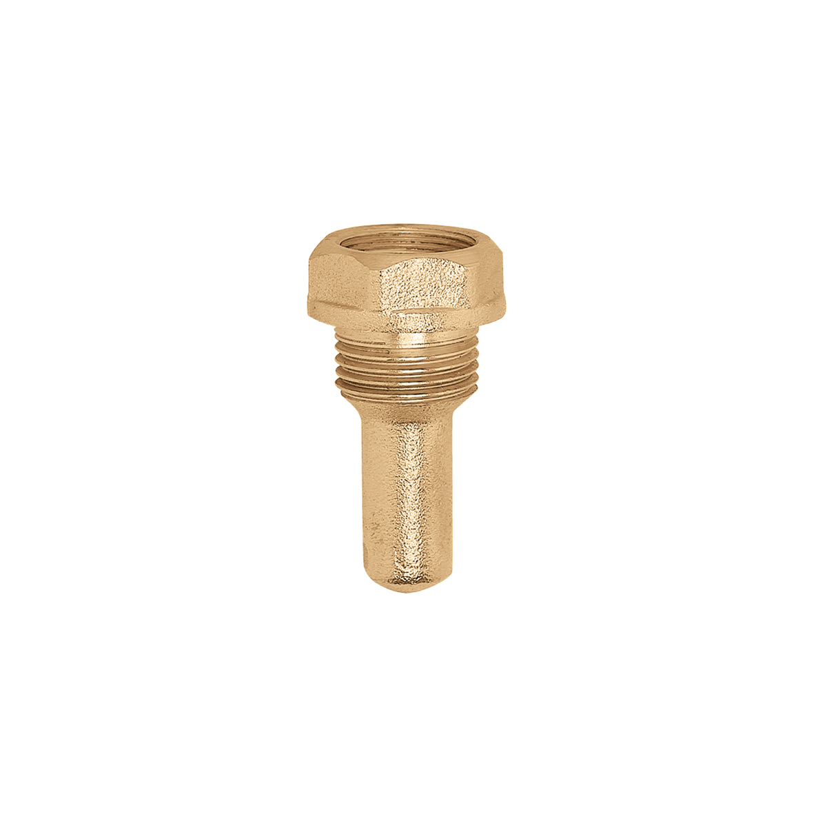 Brass sensor well assembly with hexagonal top fitting and threaded male connection.