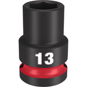 Black impact socket with hexagonal opening and red band labeled "13" on lower section.