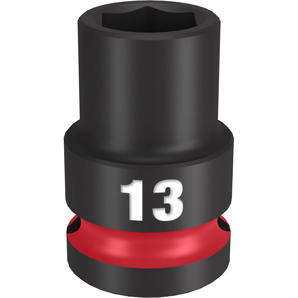 Black impact socket with hexagonal opening and red band labeled "13" on lower section.