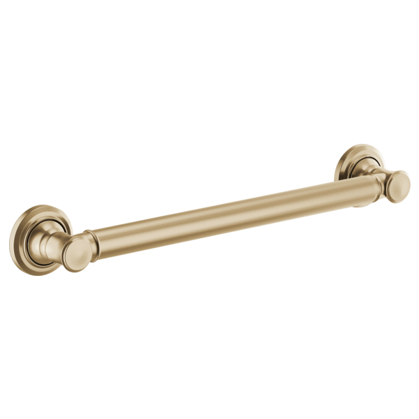 Brushed gold 18-inch straight grab bar with circular wall-mounted flanges at each end.