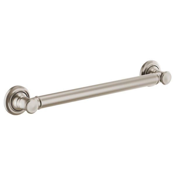 Brushed nickel 18-inch grab bar with circular wall-mounted flanges and cylindrical grip handle.