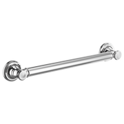 Polished chrome straight grab bar with circular wall-mounted flanges on each end.