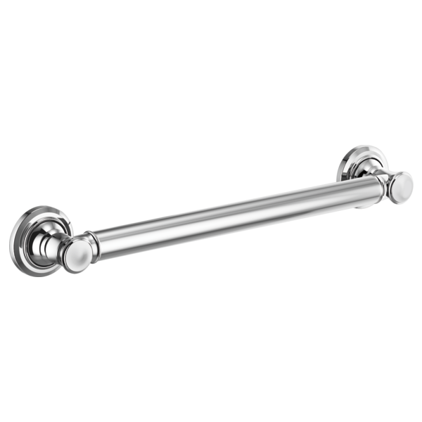 Polished chrome straight grab bar with circular wall-mounted flanges on each end.