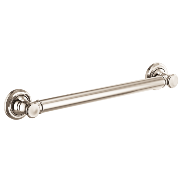 Polished nickel straight grab bar with circular mounting flanges on each end.