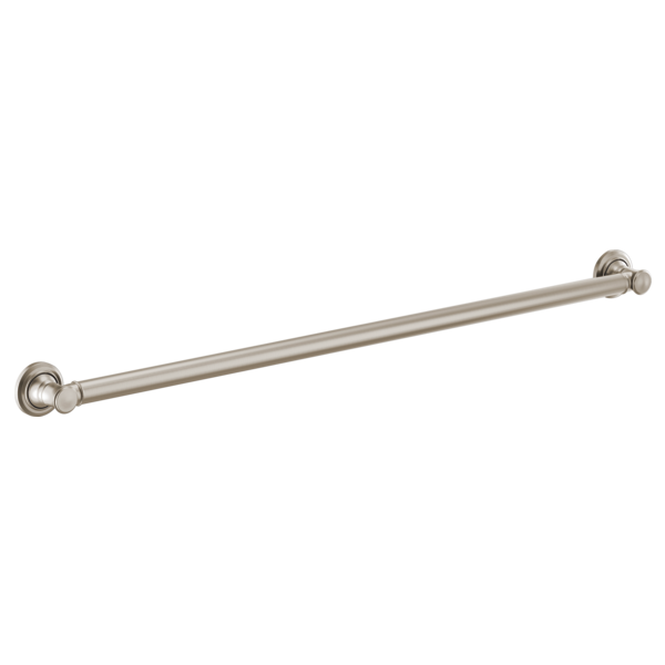 Brushed nickel straight grab bar with circular wall-mounted flanges at each end.