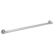 Chrome grab bar with decorative rosette flanges at each end against a white background.