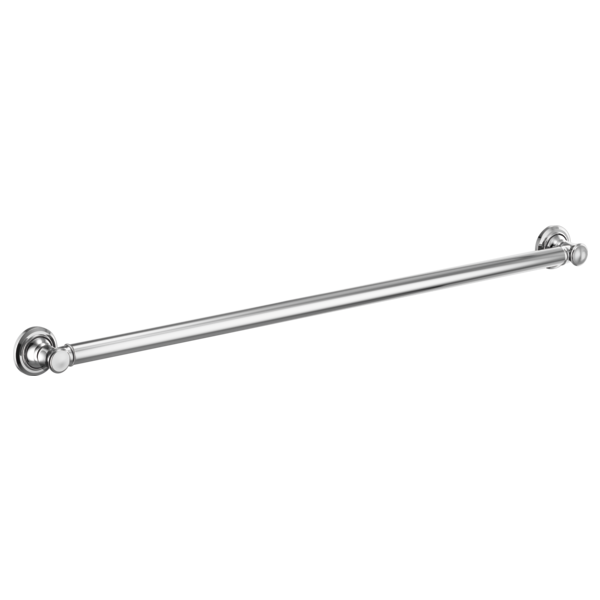 Chrome grab bar with decorative rosette flanges at each end against a white background.