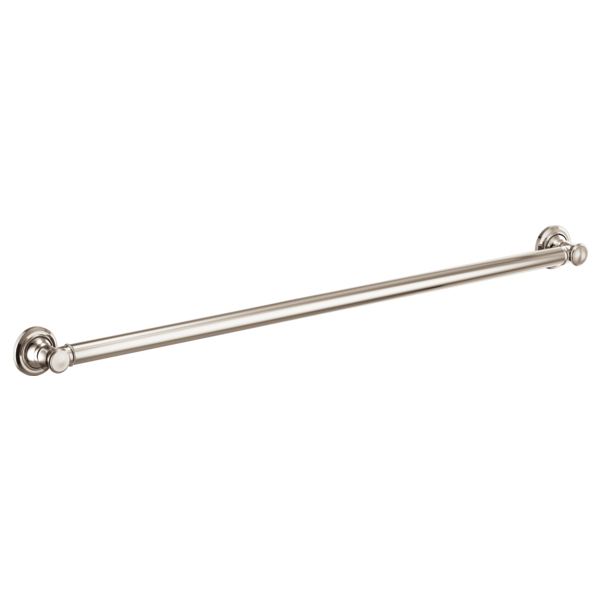 Polished nickel grab bar with round wall-mounted flanges on each end.