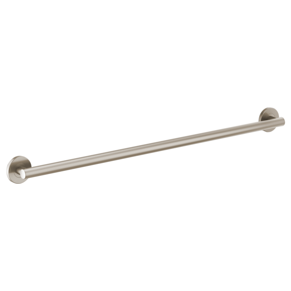 Stainless steel grab bar with round cylindrical shape and circular wall-mounted flanges on each end.