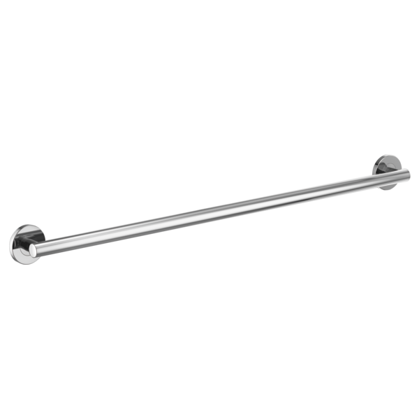 Chrome round grab bar with circular wall mounts at each end, mounted horizontally.