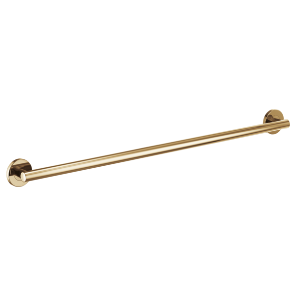 Polished brass cylindrical grab bar with round mounting flanges at each end.