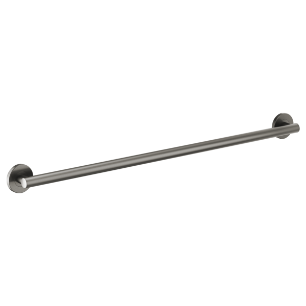 Stainless steel grab bar with round profile and circular wall-mounted flanges at each end.