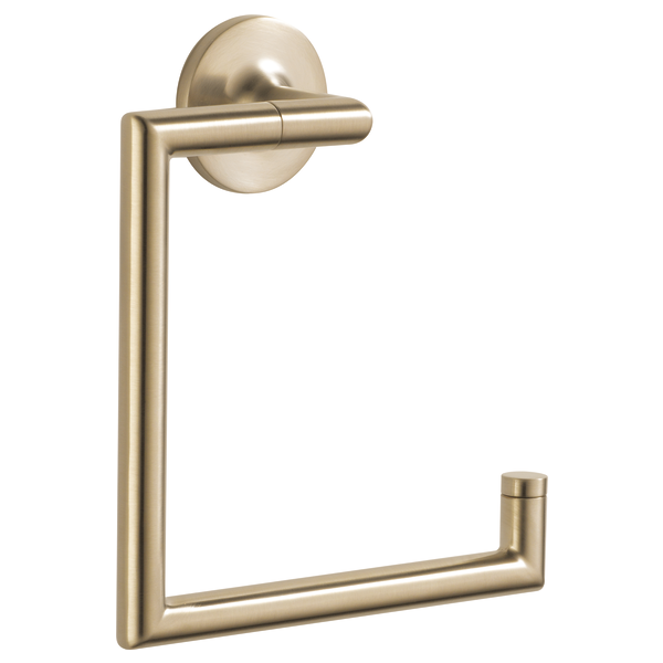 Brushed brass towel ring with circular wall mount and rectangular open loop design.