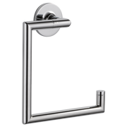 Chrome towel ring with cylindrical handle and circular wall mount, open square shape for hanging towels.
