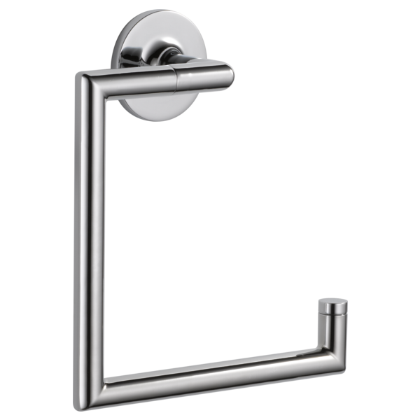 Chrome towel ring with cylindrical handle and circular wall mount, open square shape for hanging towels.