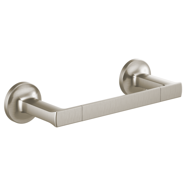 Brushed nickel towel bar with cylindrical mounting rosettes and rectangular bar design.