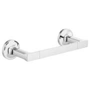 Chrome towel bar with cylindrical end mounts and rectangular bar, measuring 8 inches wide.