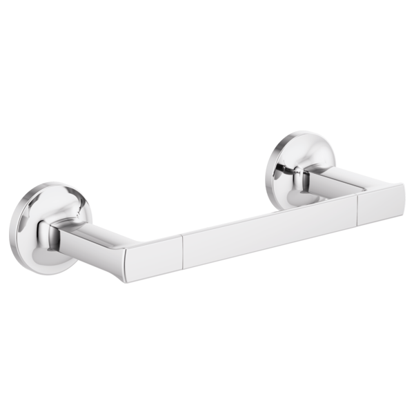 Chrome towel bar with cylindrical end mounts and rectangular bar, measuring 8 inches wide.