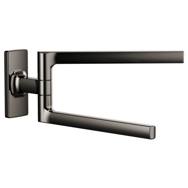 Gunmetal pivoting towel bar with rectangular mounting plate and dual swinging arms.
