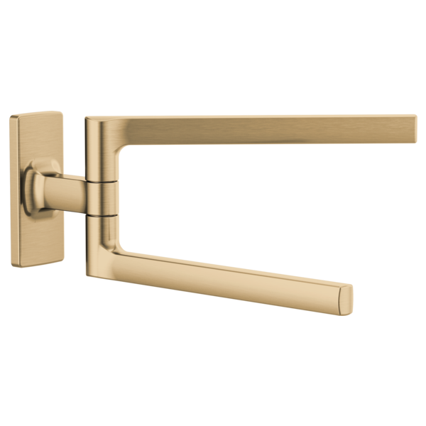 Brushed gold pivoting towel bar with rectangular wall mount and rotating arms extending horizontally.