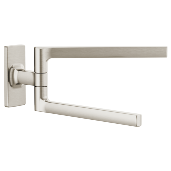 Brushed nickel pivoting towel bar with rectangular wall mount and articulating arms in extended position.
