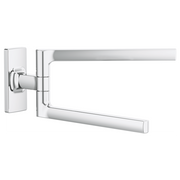 Chrome pivoting towel bar with rectangular wall mount and two adjustable arms in extended position.