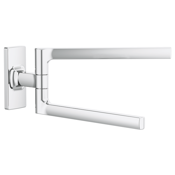 Chrome pivoting towel bar with rectangular wall mount and two adjustable arms in extended position.