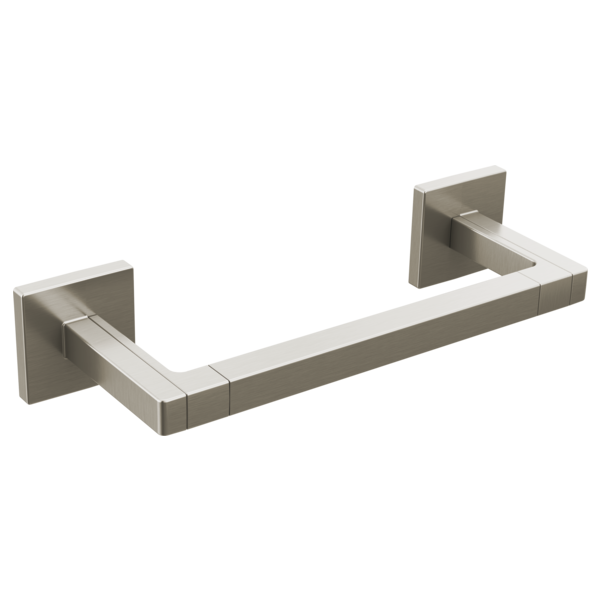 Brushed nickel towel bar with square wall-mounted brackets on both ends.