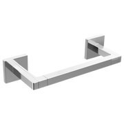Polished chrome towel bar with geometric square wall brackets and white insert detail.