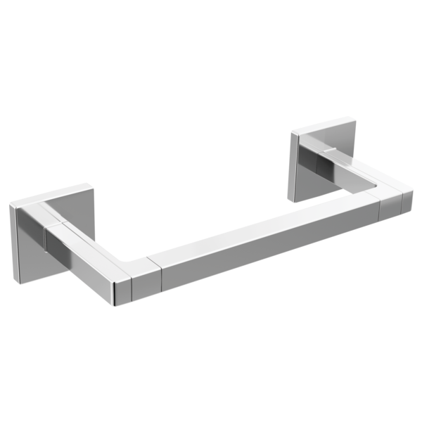 Polished chrome towel bar with geometric square wall brackets and white insert detail.