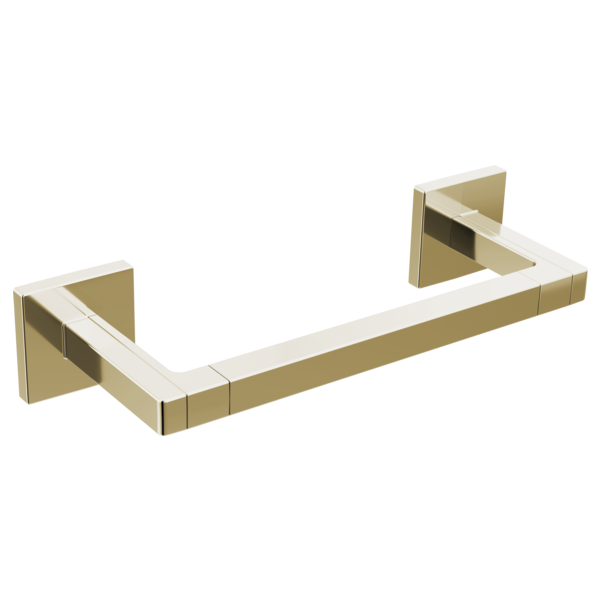 Brass and white towel bar with square wall-mounted brackets on each end.