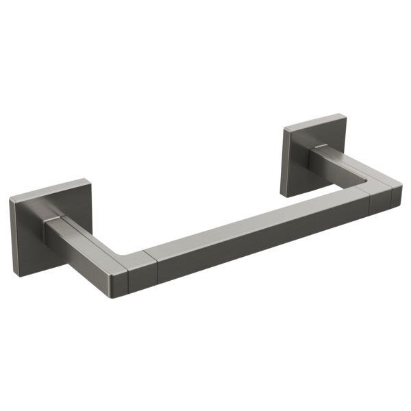 Brushed nickel towel bar with square wall-mounted brackets and geometric design.