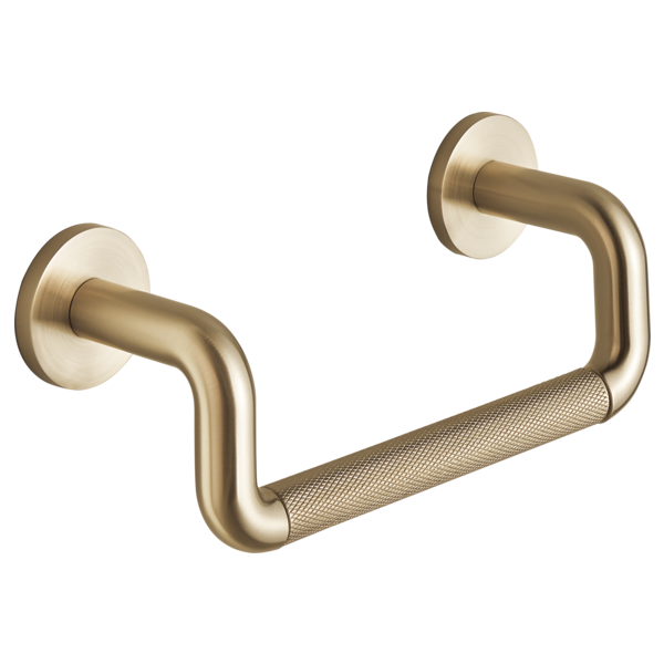 Brass towel bar with textured grip section and two round wall-mounted flanges on white background.