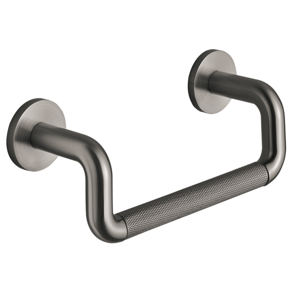 Chrome and matte black towel bar with curved handles and textured grip section, mounted on two round wall plates.