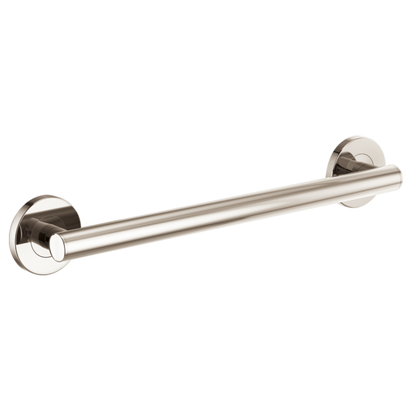 Stainless steel linear grab bar with round cylindrical form and circular wall-mounted flanges on each end.