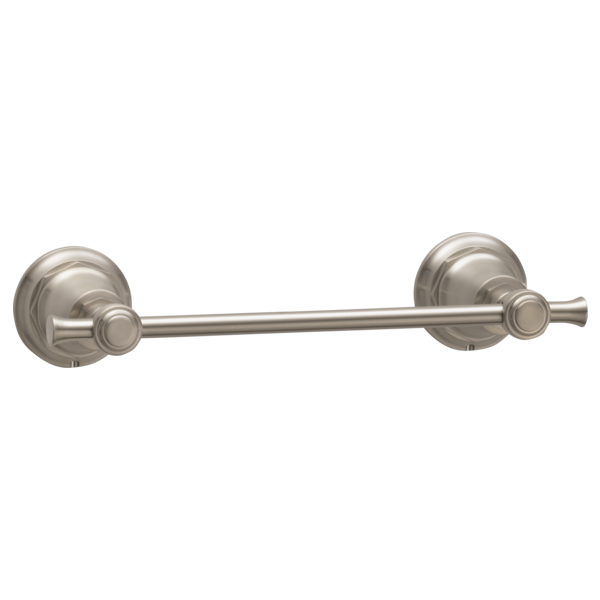 Brushed nickel towel bar with round wall-mounted rosettes and cylindrical rod.