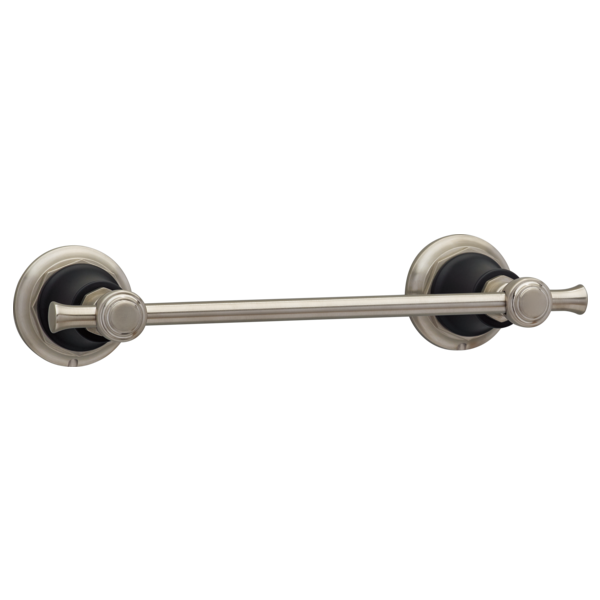 Brushed nickel towel bar with circular wall mounts and cylindrical end caps on each side.