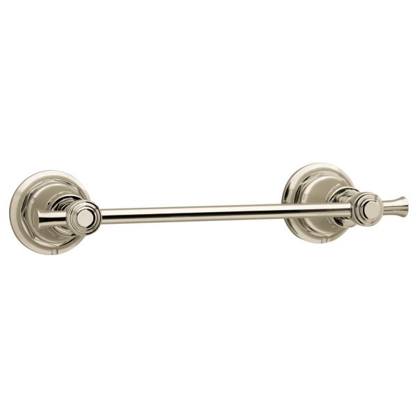 Polished nickel towel bar with round mounting rosettes and cylindrical rod, 8 inches long.