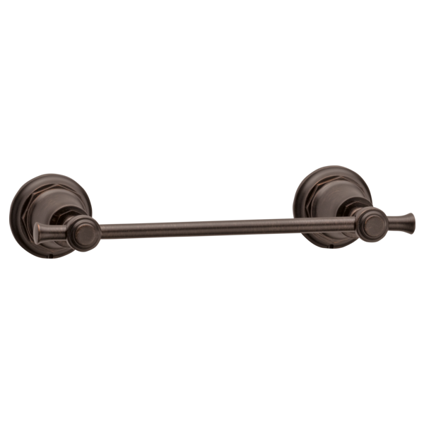 Bronze towel bar with circular wall-mounted brackets and cylindrical rod, approximately 8 inches wide.