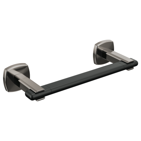 Brushed black towel bar with squared metal mounting brackets on each end.