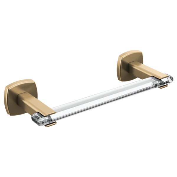 Brushed gold towel bar with square mounting brackets and clear acrylic accents on ends.