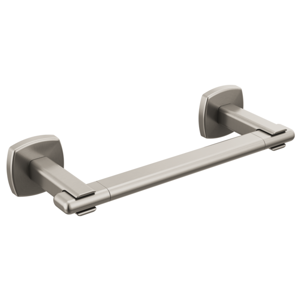 Brushed nickel towel bar with squared wall-mounted brackets on each end.