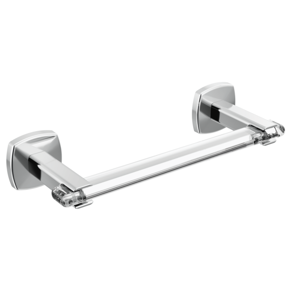 Chrome towel bar with square wall mounts and clear acrylic end caps, approximately 8 inches wide.