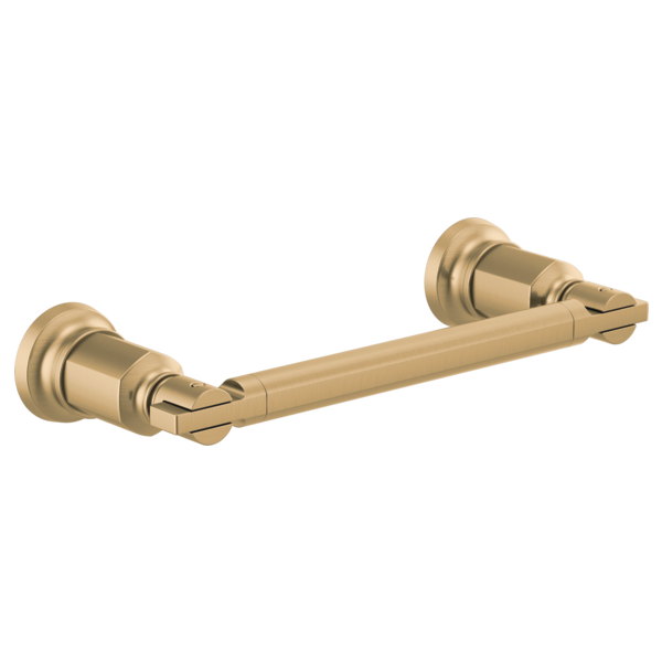 Brushed gold towel bar with cylindrical end caps and horizontal mounting hardware.