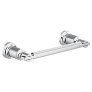 Chrome towel bar with cylindrical end caps and horizontal rod mounting on white background.