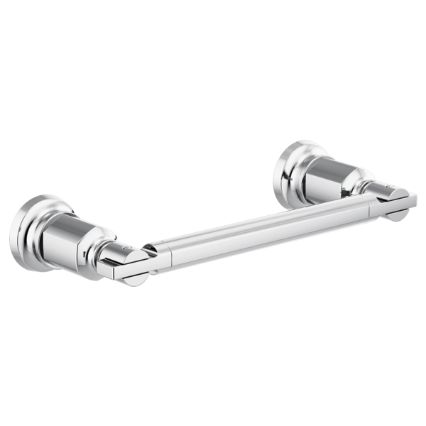Chrome towel bar with cylindrical end caps and horizontal rod mounting on white background.